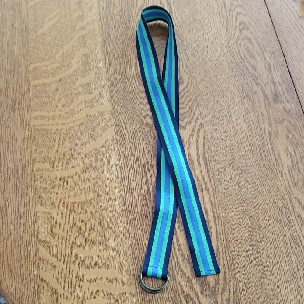 Striped Navy, Teal & Aqua Fabric Belt with D-Ring